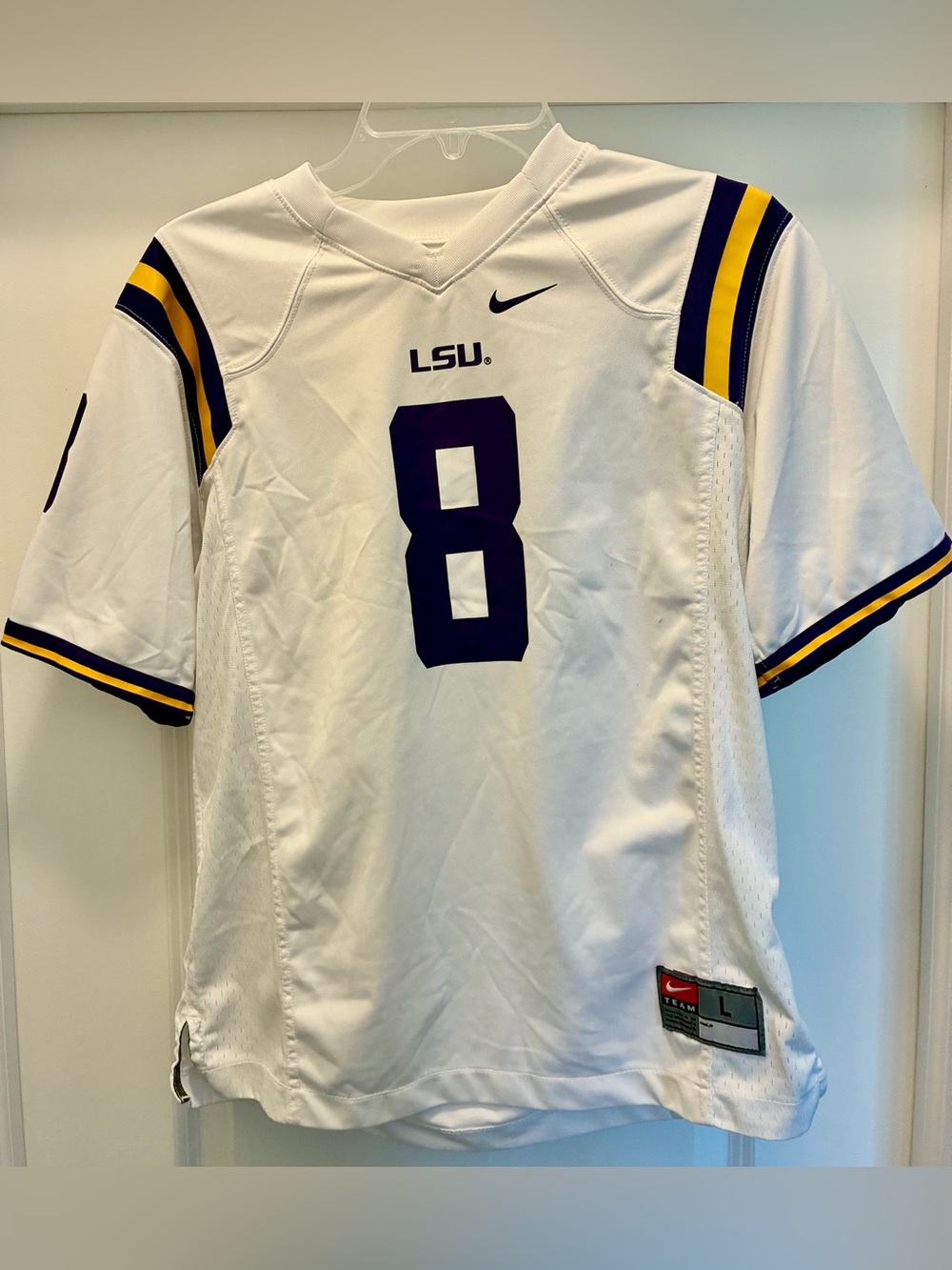 LSU Tigers Football Jersey #8 Nike Youth Large 12/13 YRS White Purple Gold CLEAN